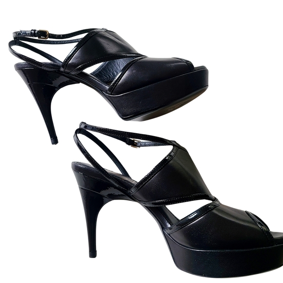 Yves SAINT LAURENT vtg *RARE* Platform Patent & Leather Ankle Strap Peep 36.5 - Picture 4 of 15